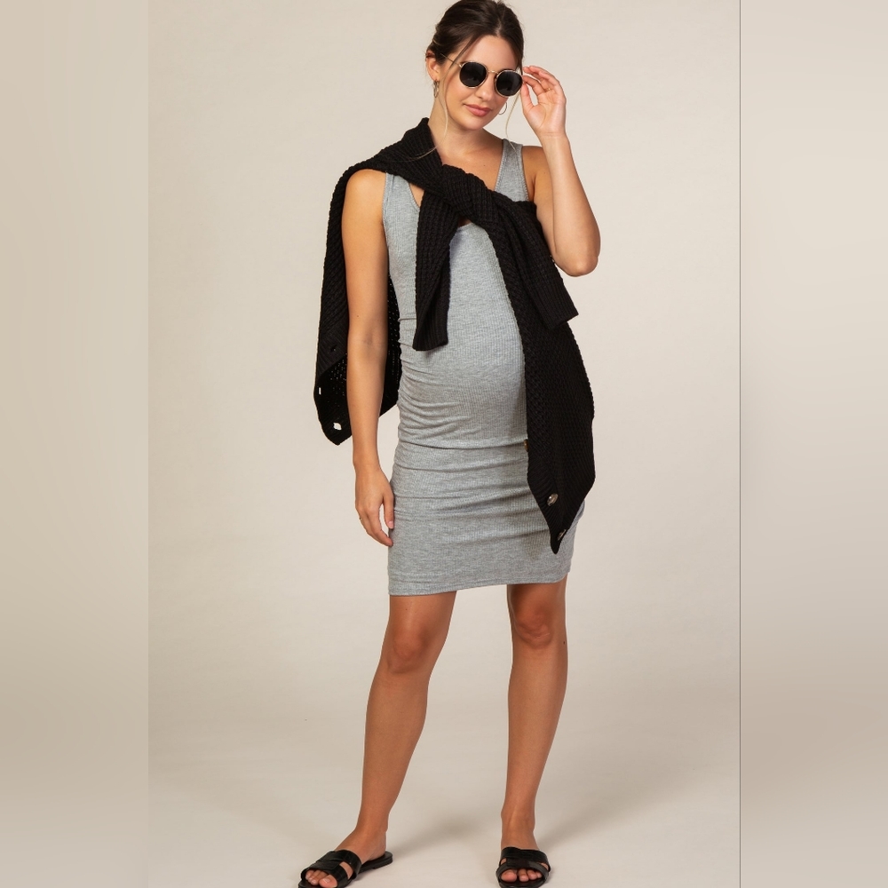 PinkBlush Maternity Heather Grey Sleeveless Ribbed Fitted Dress - Size Medium - Picture 4 of 10
